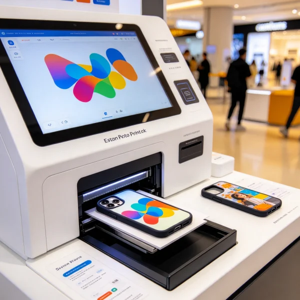 a custom photo print kiosk producing a printed phone case