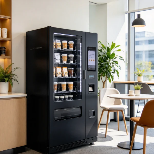 modern black coffee vending machine in a bright office break room