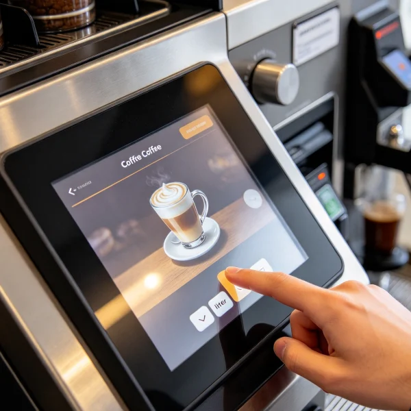 close-up of coffee vending machine touchscreen showing latte options