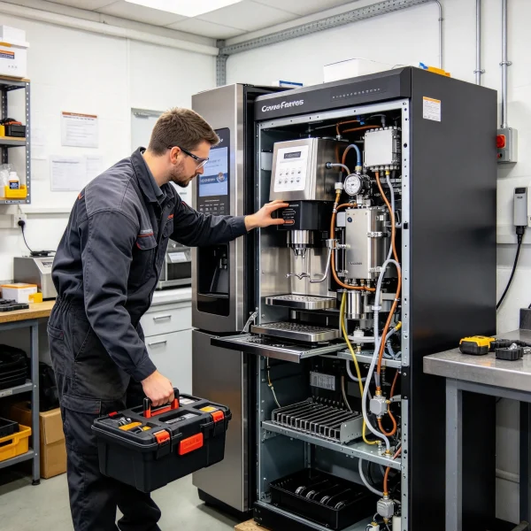 technician opening the front panel of a used coffee vending machine