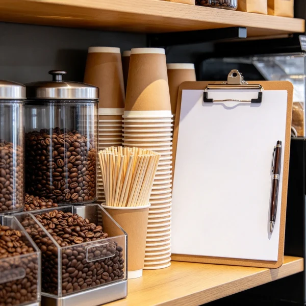 coffee beans, paper cups and stirrers on a shelf with a maintenance clipboard