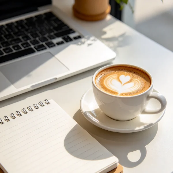 white cup of cappuccino beside a handwritten weekly sales tally on a notepad