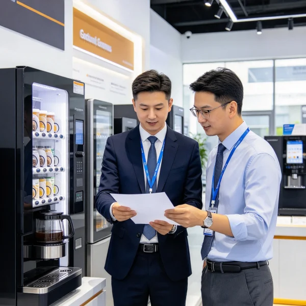 buyer and vending machine supplier reviewing a contract in a showroom
