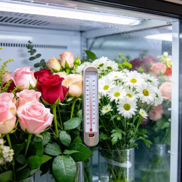 Thermometer inside a chilled flower display cabinet