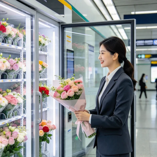 Commuter buying a bouquet from a flower vending machine