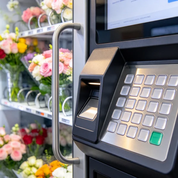 Card reader and keypad on a flower vending machine