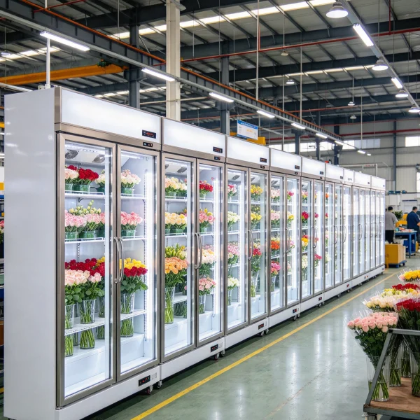 Row of flower vending cabinets on a factory floor