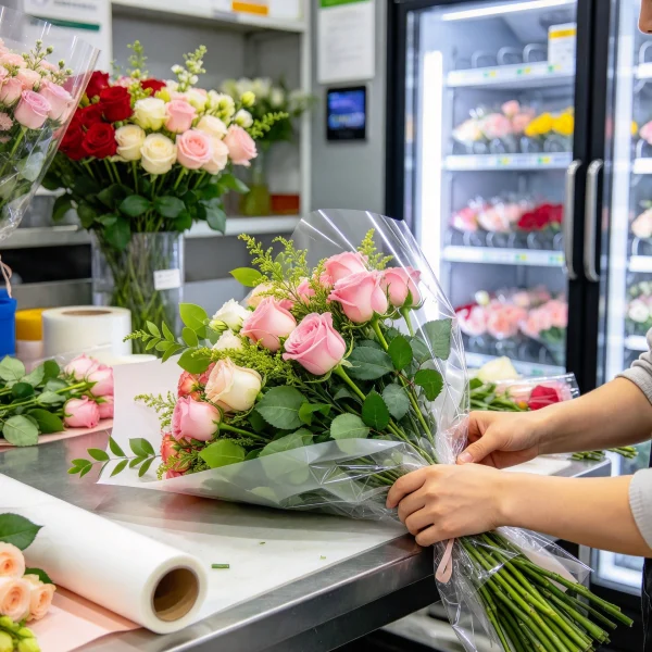 Operator wrapping fresh bouquets for vending machine restock
