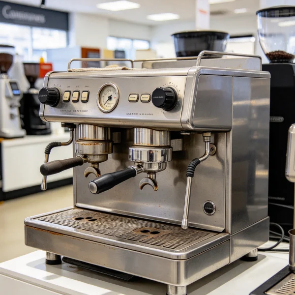 A used stainless steel espresso machine with worn group heads on a dealer's showroom floor