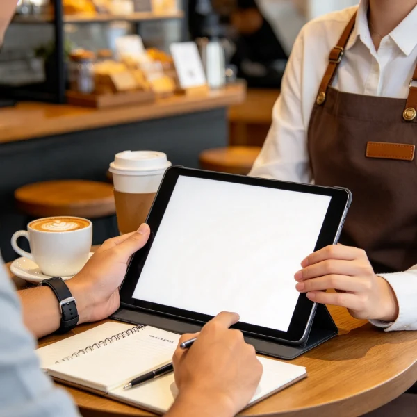 A coffee shop owner reviewing a lease agreement on a tablet