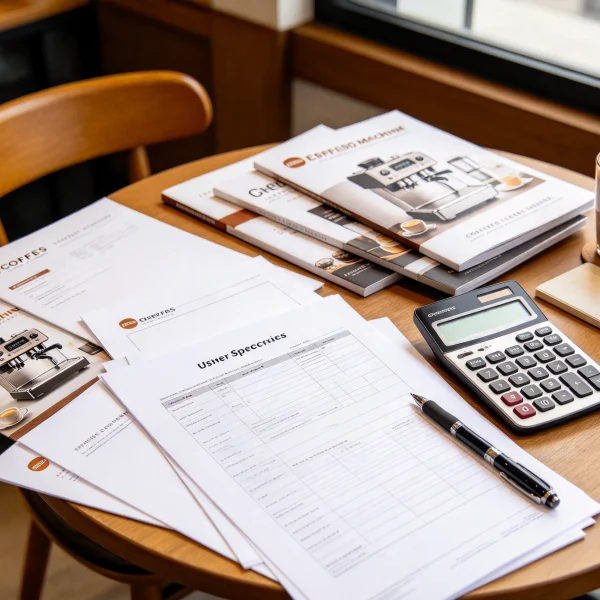 A buyer comparing spec sheets from several coffee machine dealers at a table