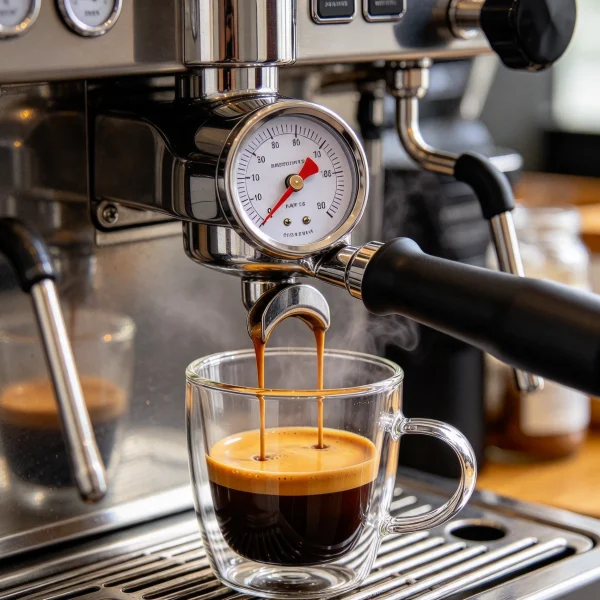 A barista pulling a shot into a glass cup while the pressure gauge reads nine bars