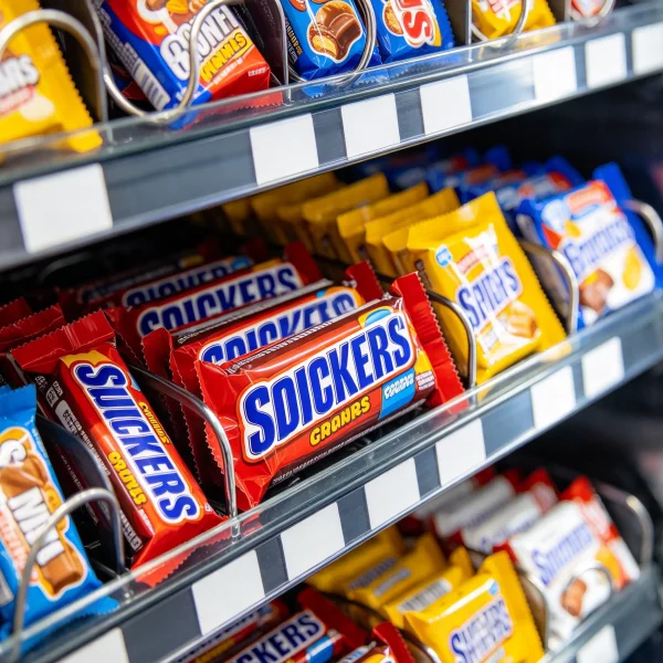 Warehouse breakroom with a snack vending machine beside a refrigerator