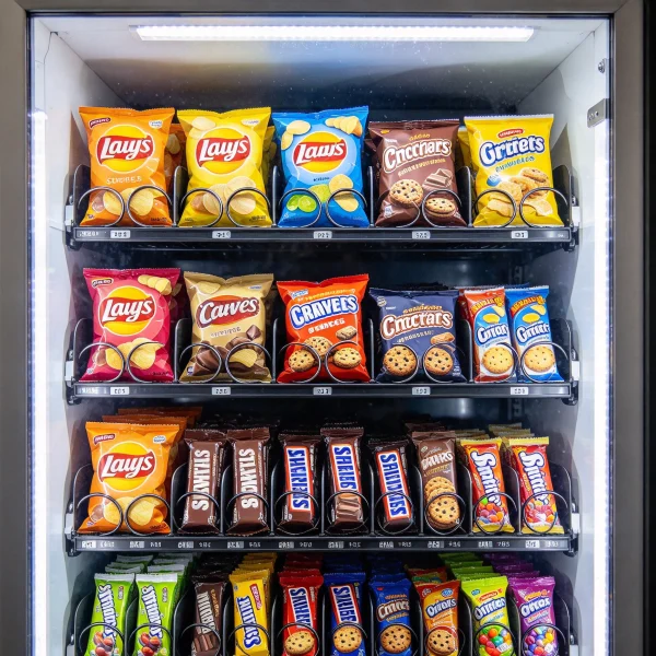 Empty school hallway with a snack vending machine in summer