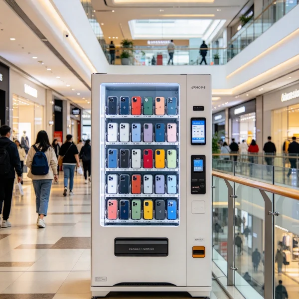 phone case vending machine standing in a busy shopping mall corridor