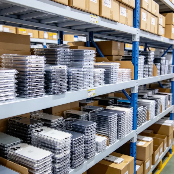 stacks of clear phone cases sorted by model on a warehouse shelf