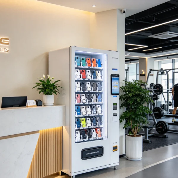compact phone case kiosk beside a gym reception desk