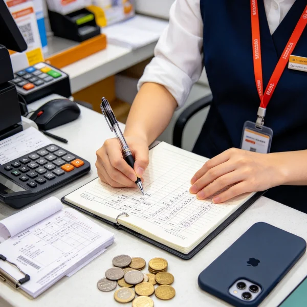operator writing daily vending sales figures into a paper notebook