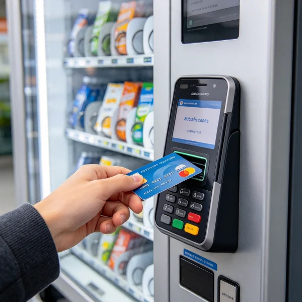 hand tapping a bank card on a vending machine card reader