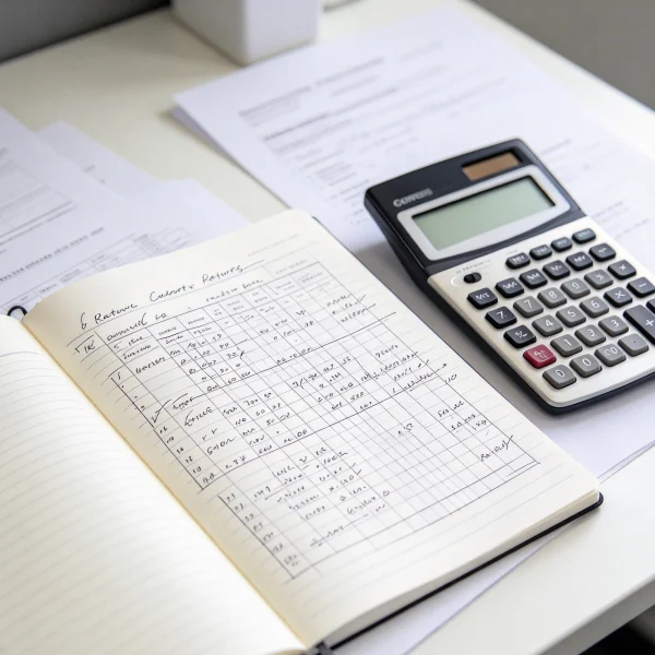 Notebook with payback calculations and a calculator on a desk