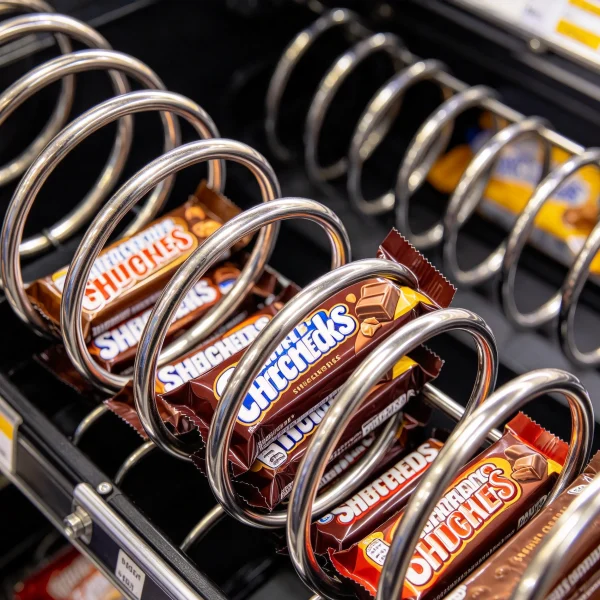 Close-up of vending machine spiral coils holding candy bars