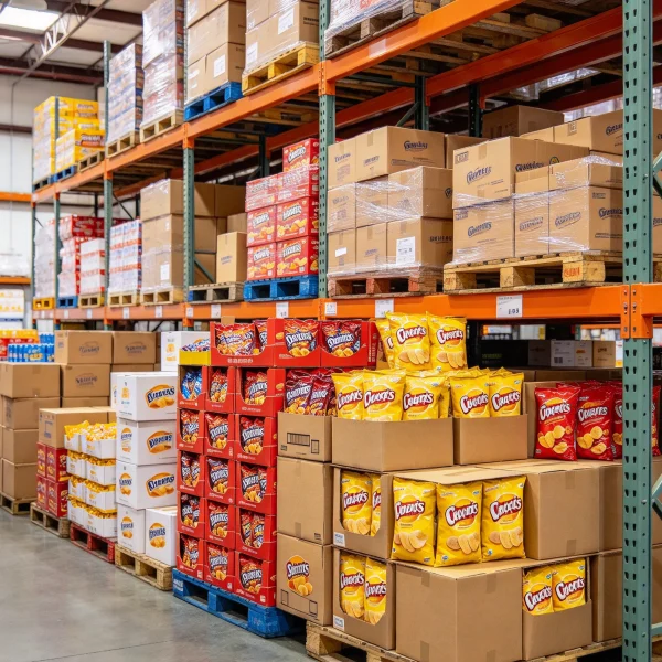 Warehouse shelf stacked with cases of chips and candy