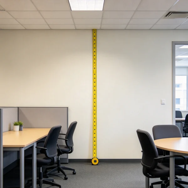 Tape measure against a wall in an empty break room