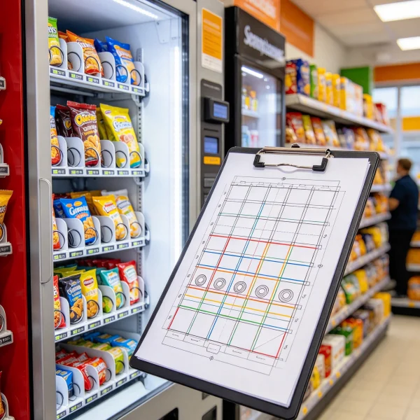 Planogram sheet on a clipboard beside an open vending machine