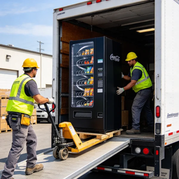Workers unloading a snack vending machine from a delivery truck