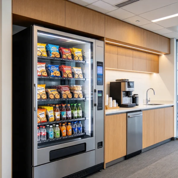 Office break room vending machine beside coffee counter