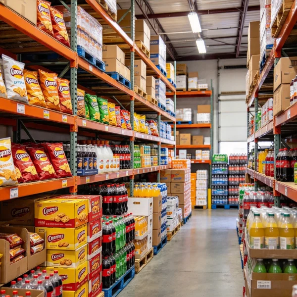 Storeroom shelves stacked with chips and bottled drinks