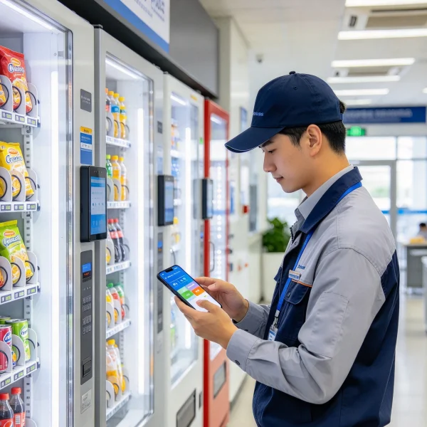 Operator checking vending machine app on smartphone