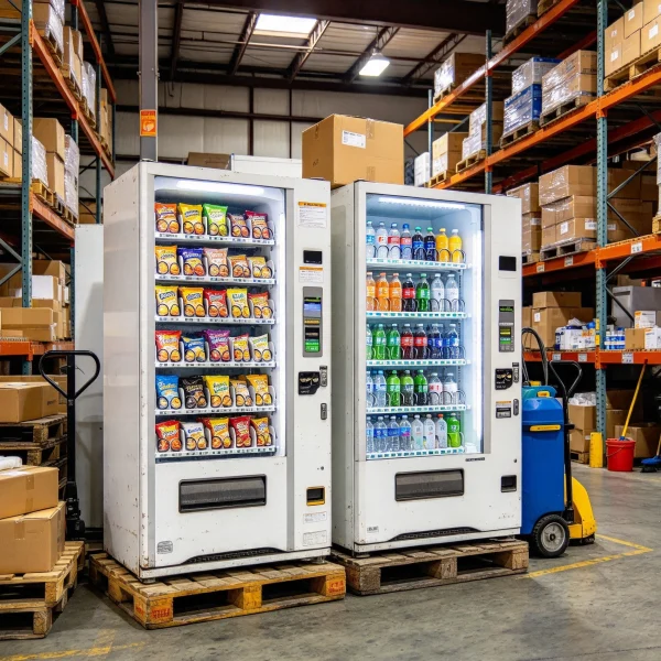 Two used vending machines in dealer warehouse