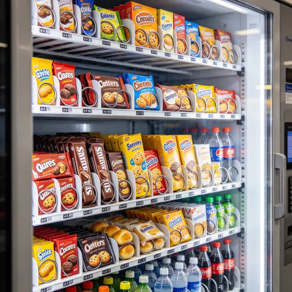 Vending machine interior with neatly stacked snacks