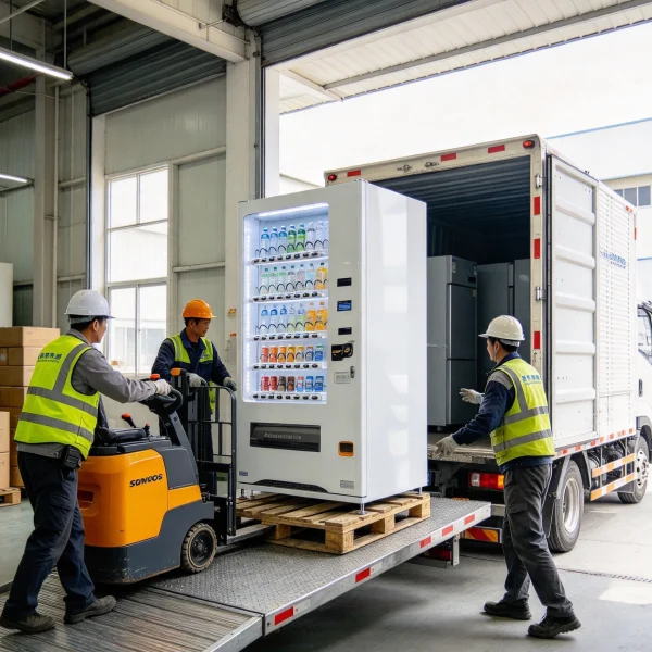 A clean used vending machine being loaded onto a small utility trailer