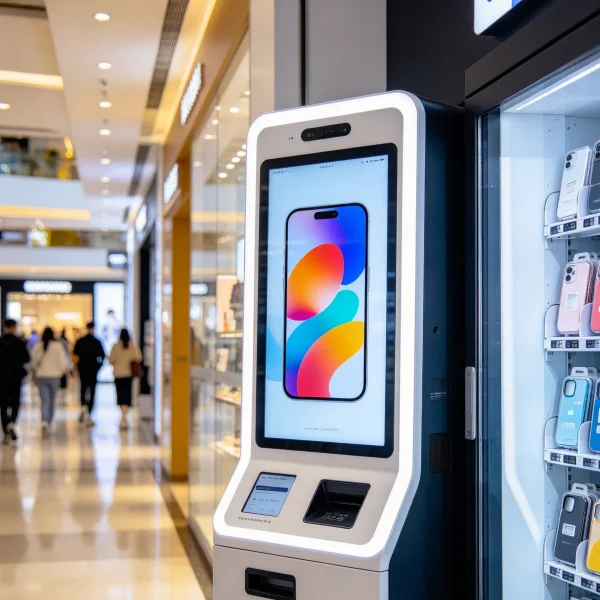 A phone case printing vending machine in a shopping mall aisle with a bright touchscreen