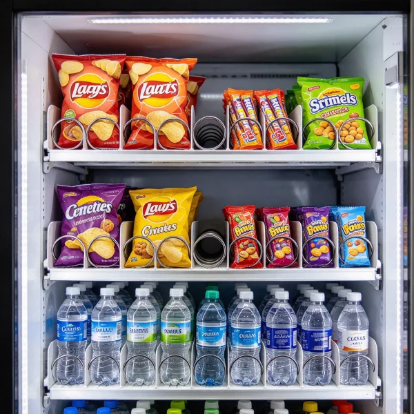Open vending machine shelves with bottled water, chips, and candy bars