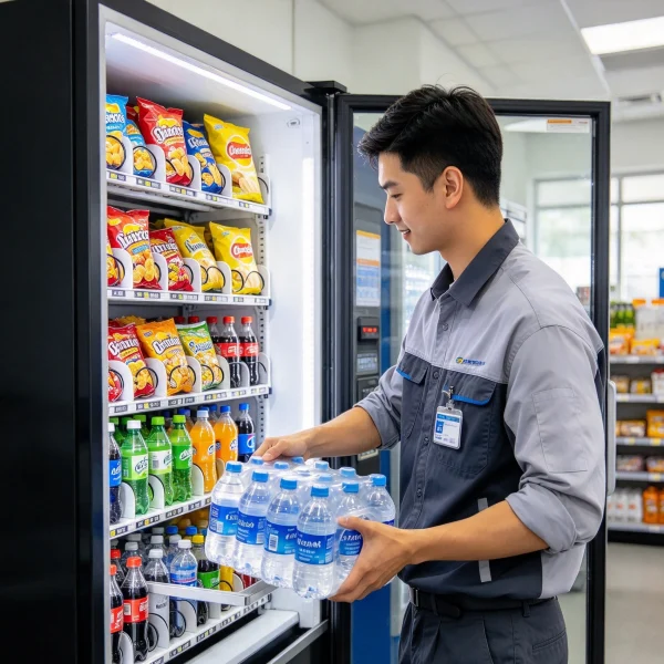 A person restocking a snack vending machine with a crate of bottled water