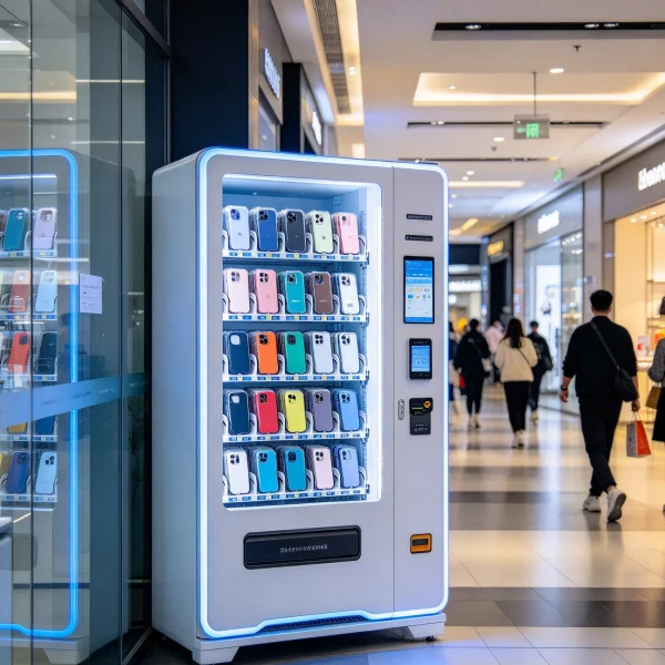 A phone case vending machine glowing in a busy mall corridor