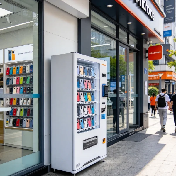 A phone repair shop storefront with a vending machine outside