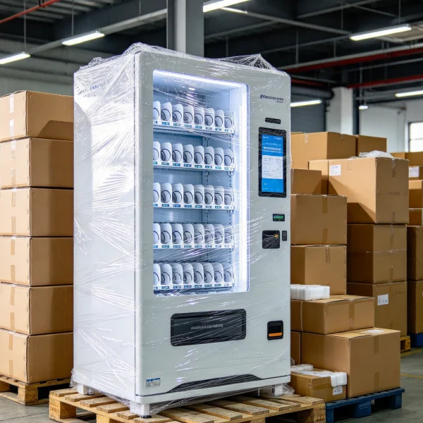A wrapped vending machine on a pallet next to cardboard boxes