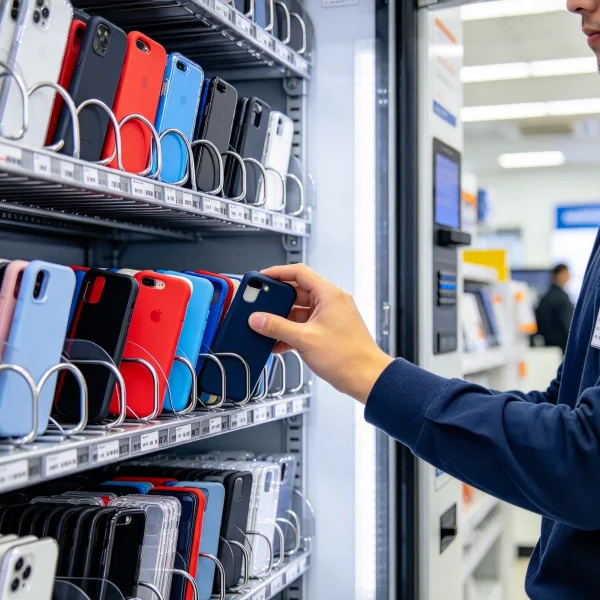 An operator restocking colorful phone cases onto a metal shelf