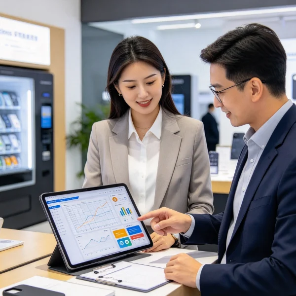 Two buyers comparing supplier specification sheets on a tablet