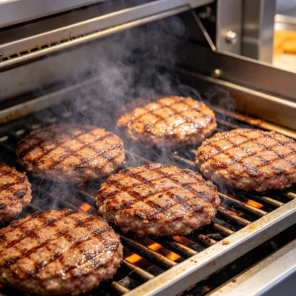 glass-front burger vending machine with stacked patties