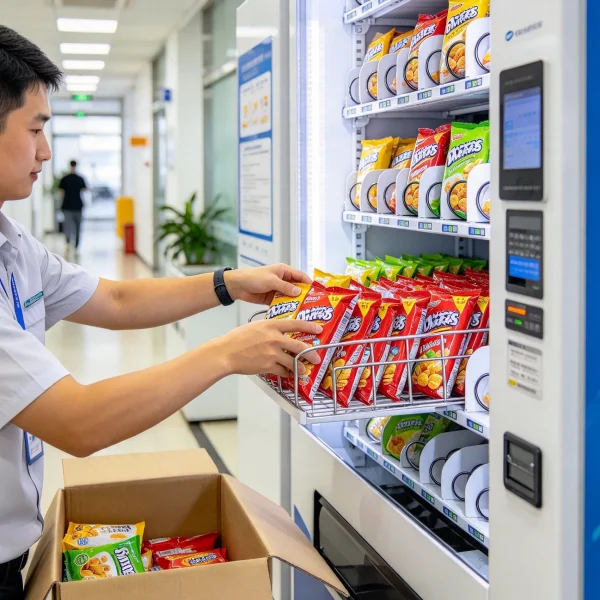 Person stocking a vending machine with snacks