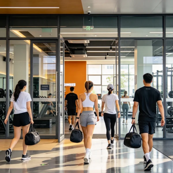 People walking past a gym entrance