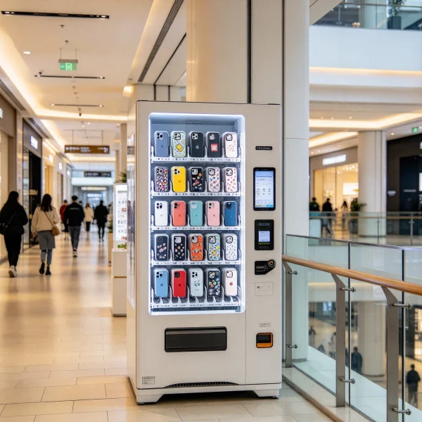Phone case vending machine in a mall hallway