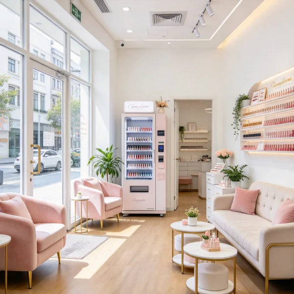 bright salon waiting area with glass-front vending machine