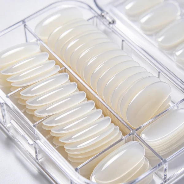 blank press-on nail tips stacked in a plastic tray