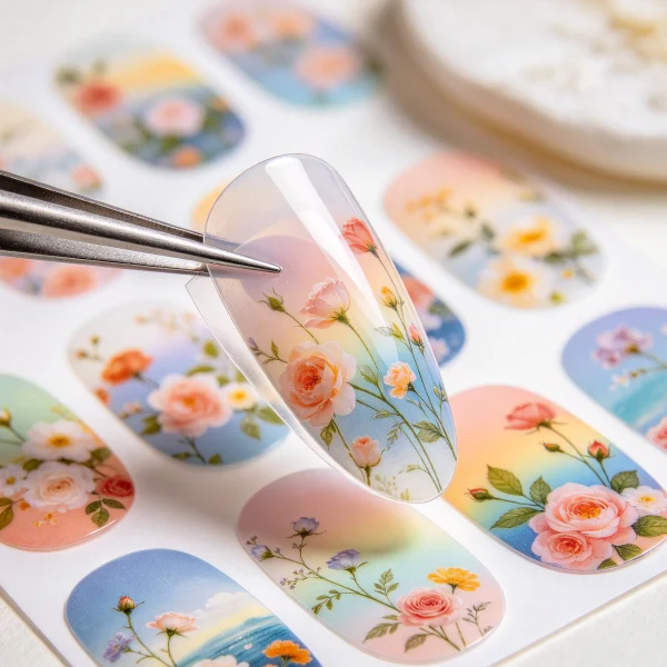 printed nail stickers with a photo design being peeled off backing